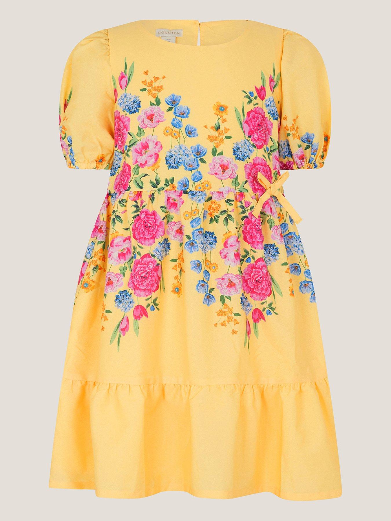 Image 1 of 3 of Monsoon Girls Border Floral Print Dress - Yellow