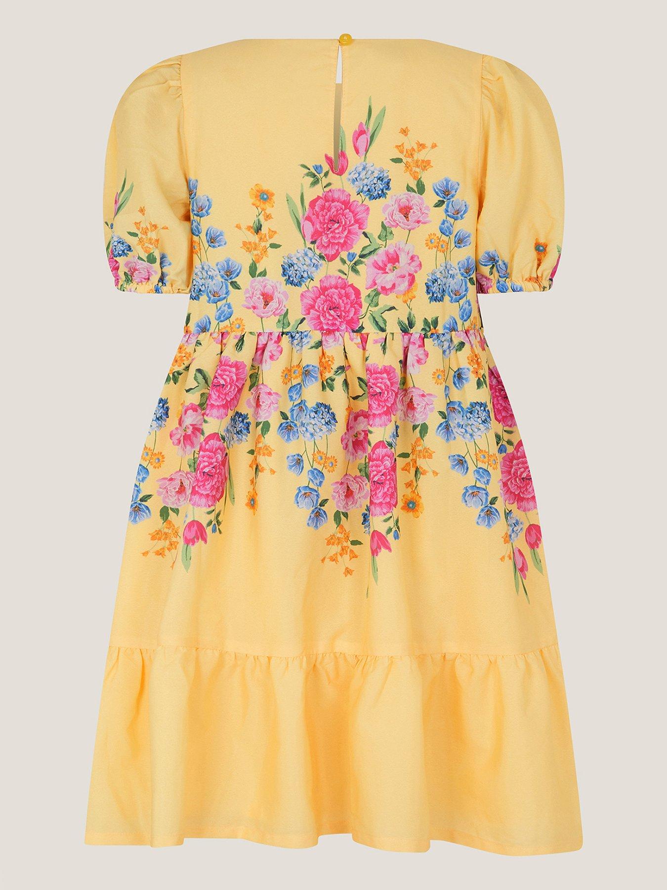 Image 2 of 3 of Monsoon Girls Border Floral Print Dress - Yellow
