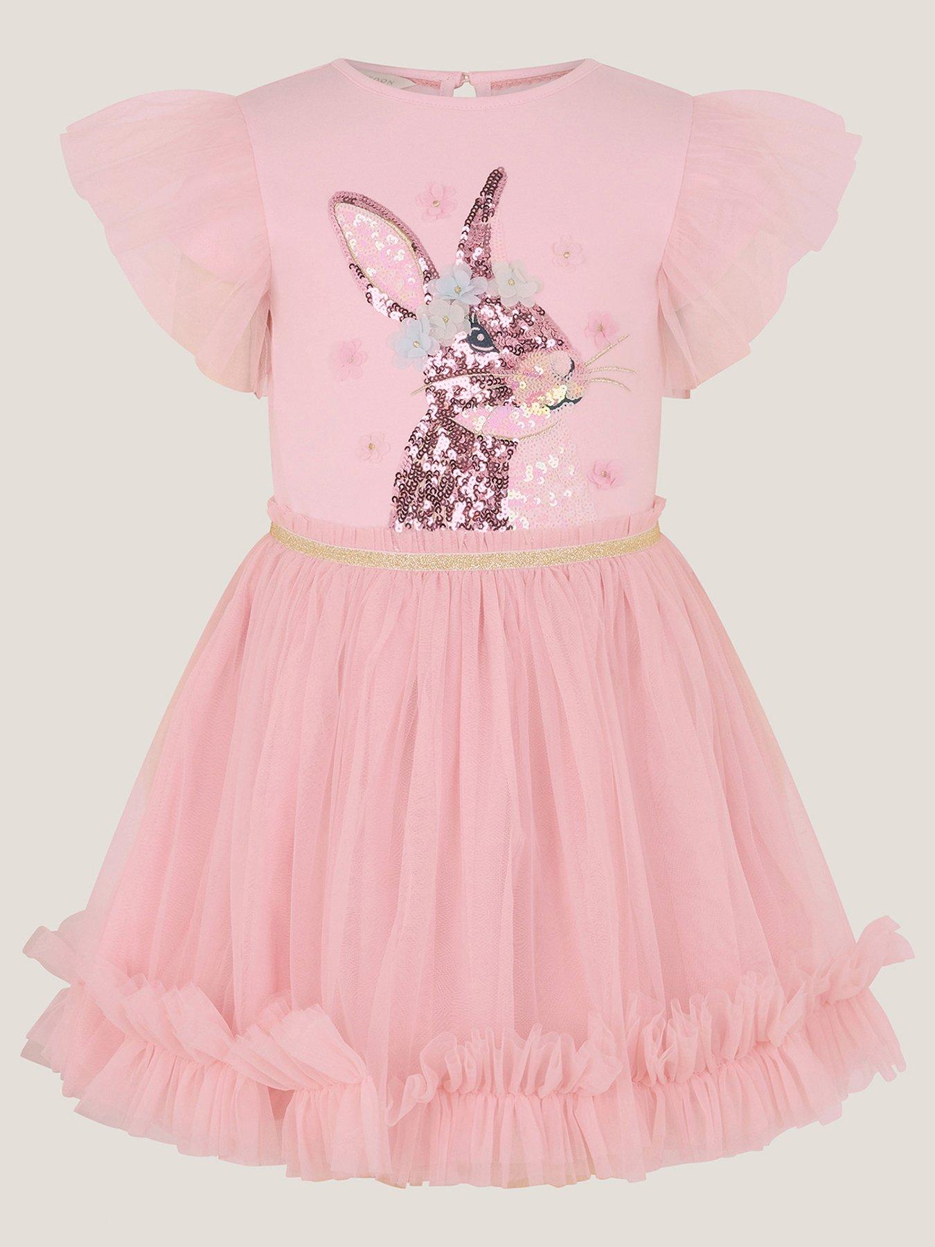 Monsoon Girls Short Sleeve Bunny Sequin Disco Dress - Pink