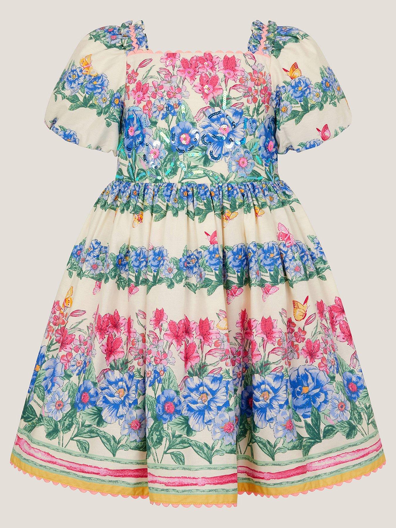 Monsoon Girls Clara Print Floral Dress - Light Cream