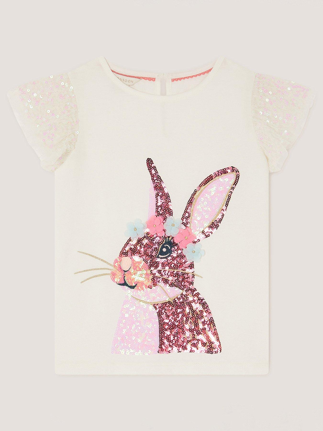 Monsoon Girls Short Sleeve Sequin Bunny Tshirt - Light Cream