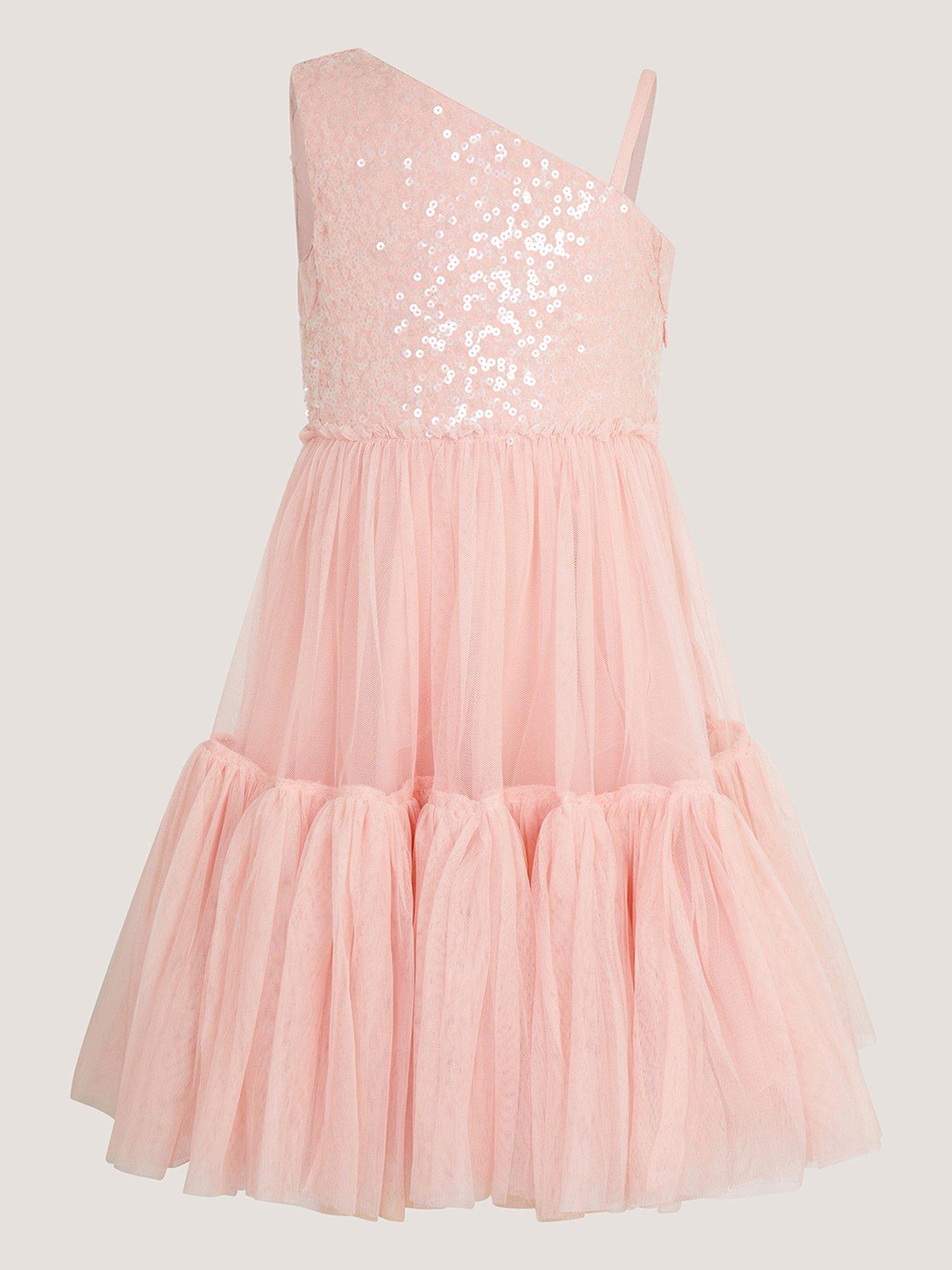 Image 2 of 3 of Monsoon Girls Sequin 1 Shoulder Ruby Dress - Pink