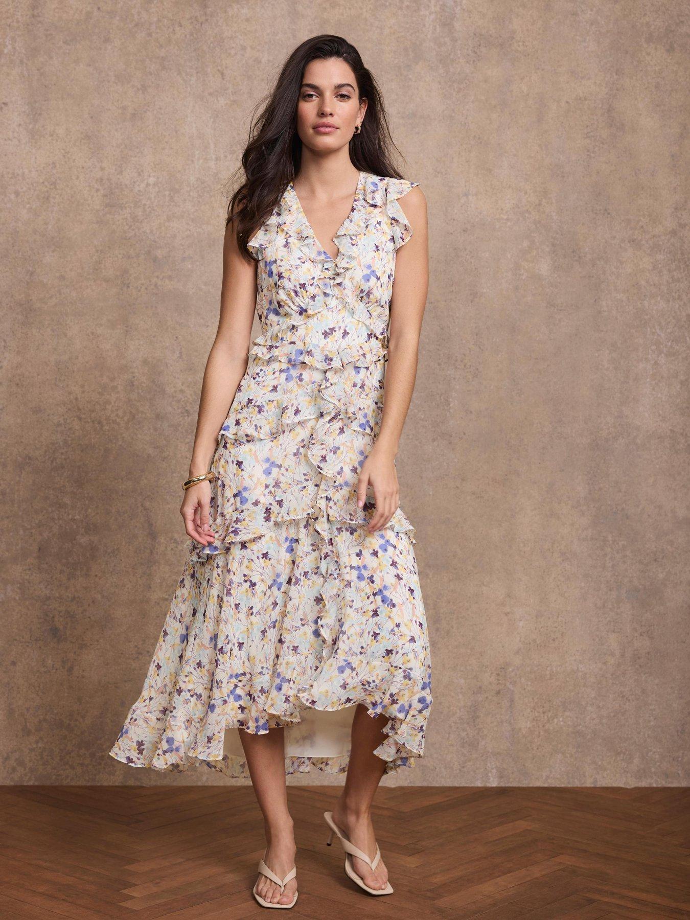 Image 4 of 6 of Mint Velvet Floral Print Ruffle Midi Dress - Blue