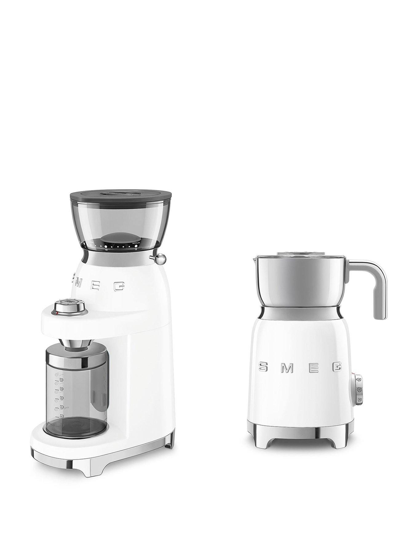 Smeg Coffee Grinder with 8 Functions & Electric Milk Frother Set, White
