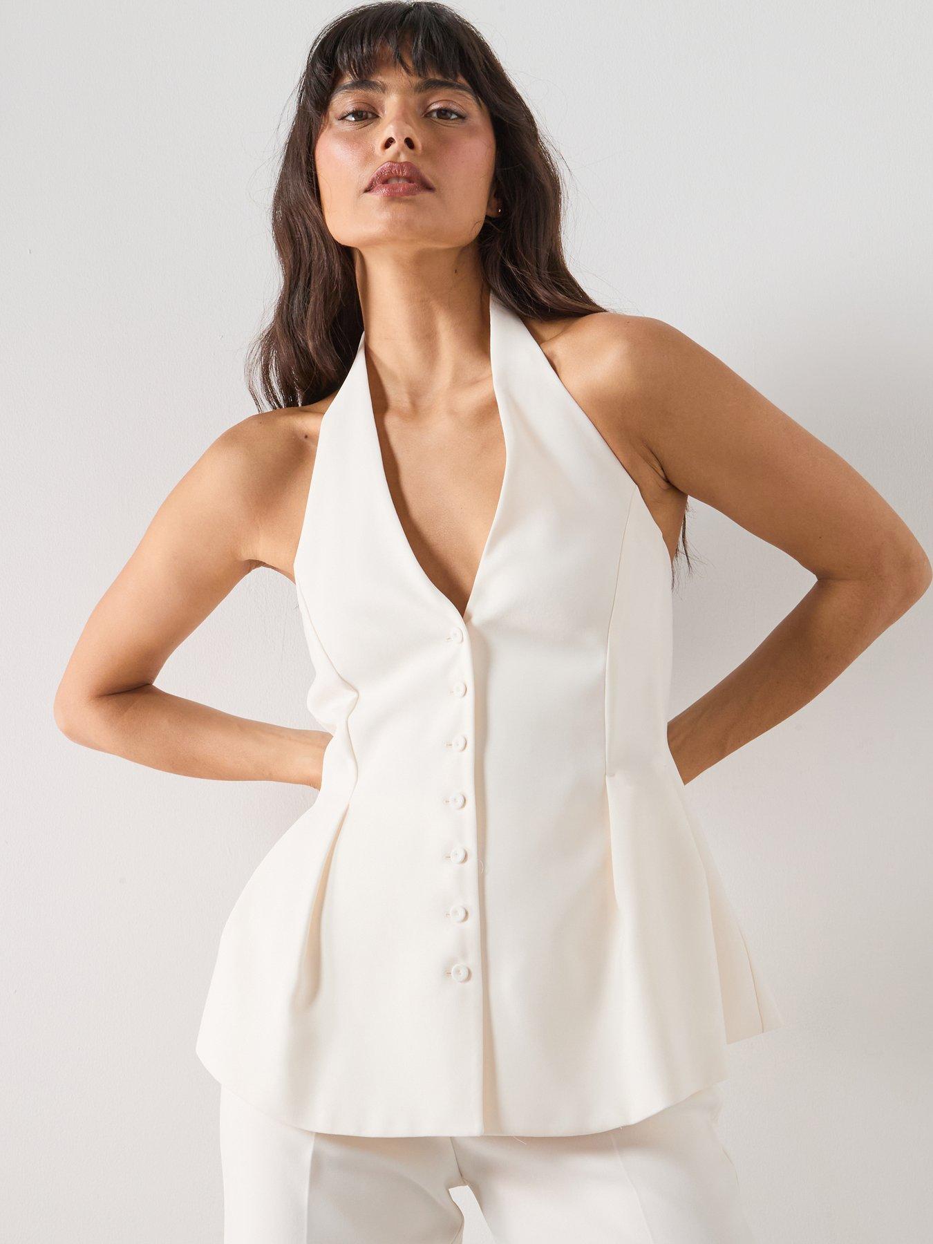 Mango Peplum Top With Halter Neck, Cream, Size M, Women