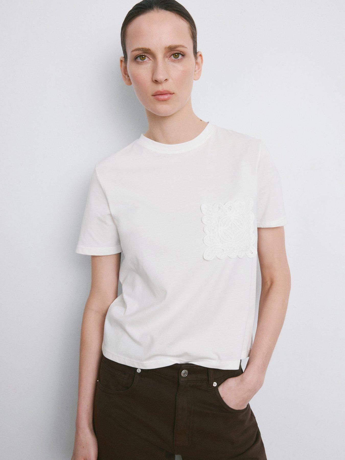 Image 1 of 7 of Mango Embroidered Cotton T-shirt - White