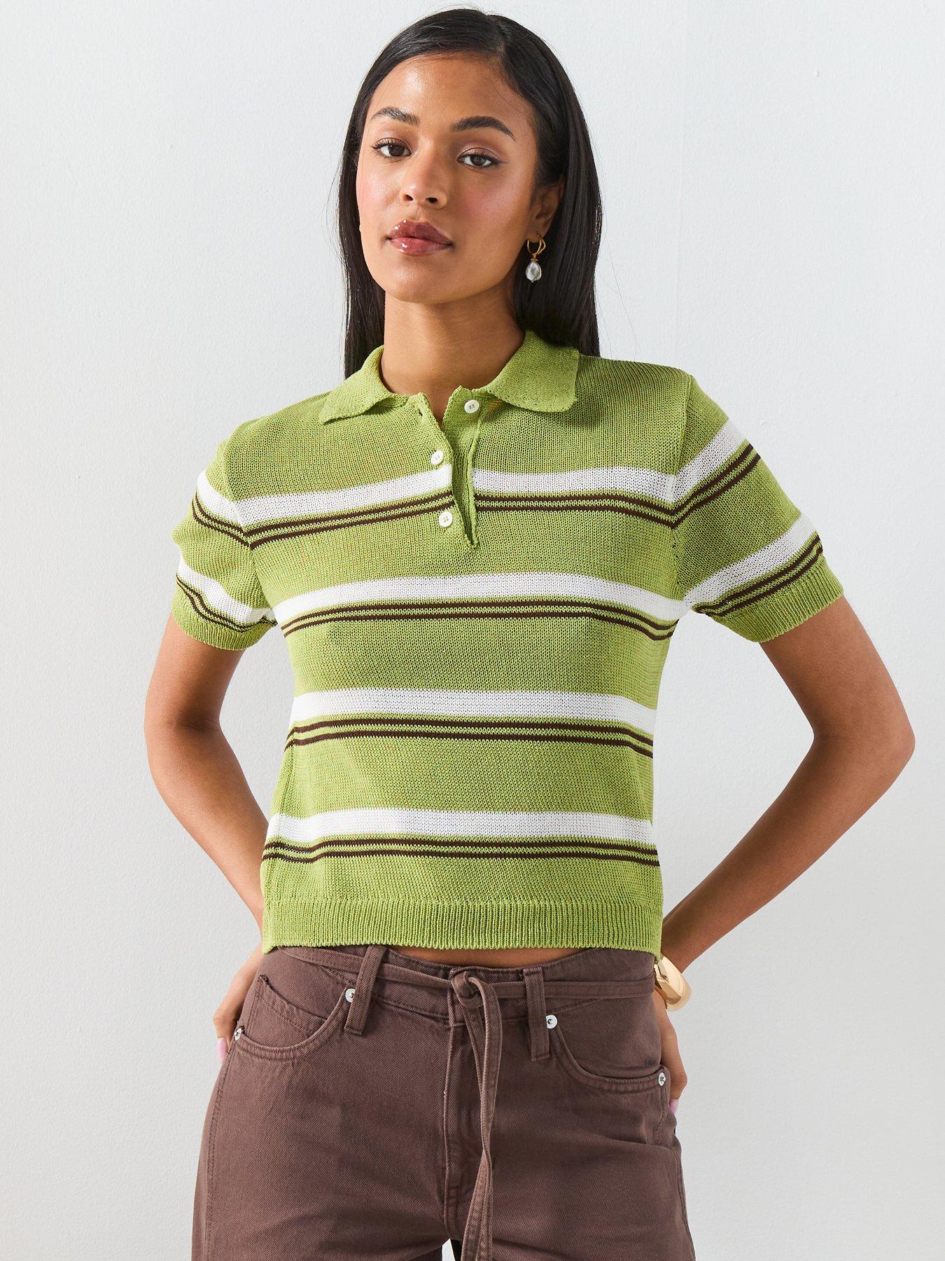 Image 1 of 6 of Mango Knitted Polo-Neck T-Shirt - Green