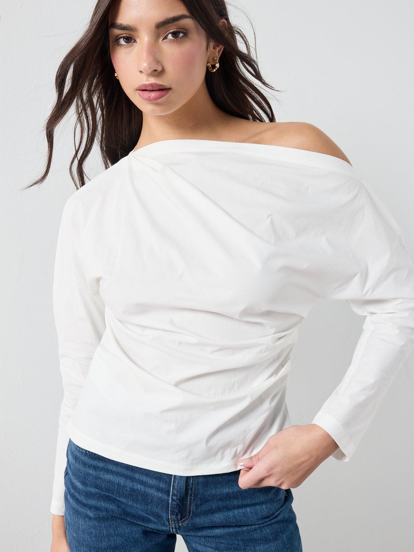 Image 1 of 6 of Mango Cotton Blouse With Asymmetrical Collar - White