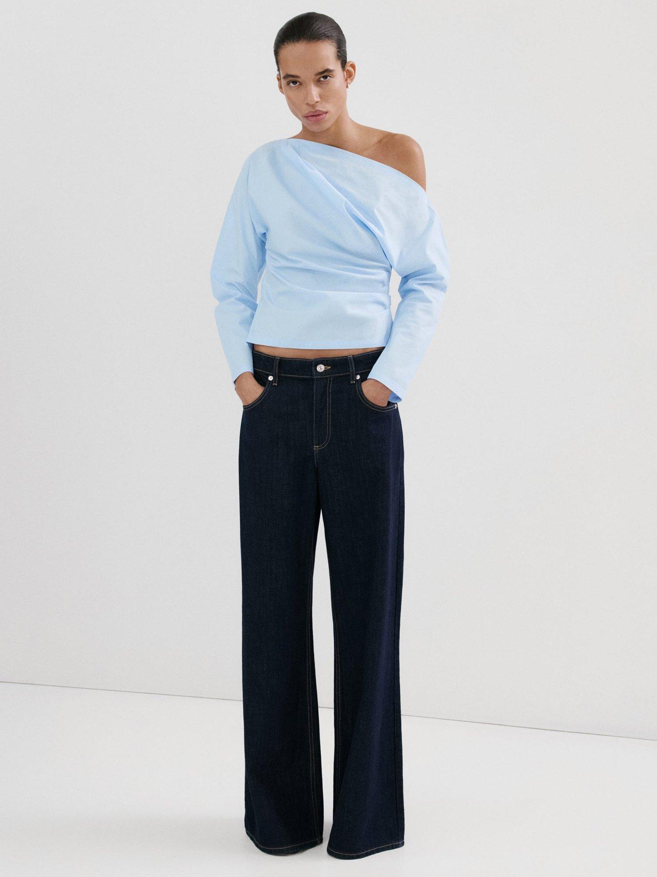 Mango Cotton Blouse With Asymmetrical Collar, Blue, Size S, Women