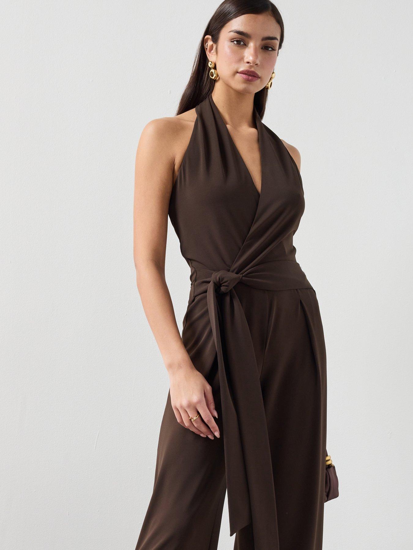 Image 1 of 6 of Mango Bow Wrap Jumpsuit - Brown