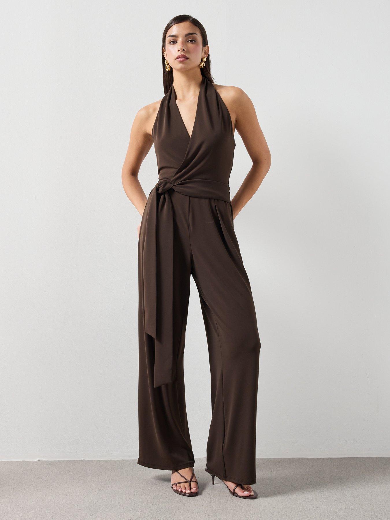 Image 6 of 6 of Mango Bow Wrap Jumpsuit - Brown
