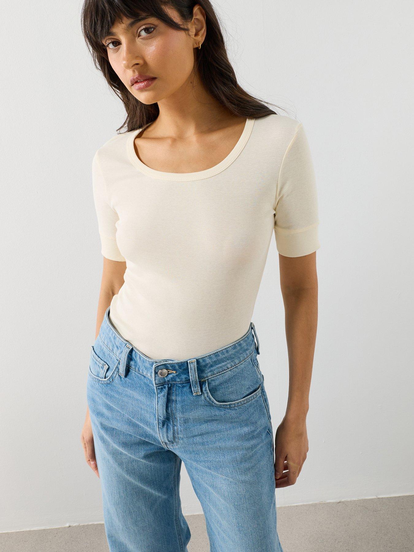 Mango Short-sleeved Fitted T-shirt, Off White, Size S, Women