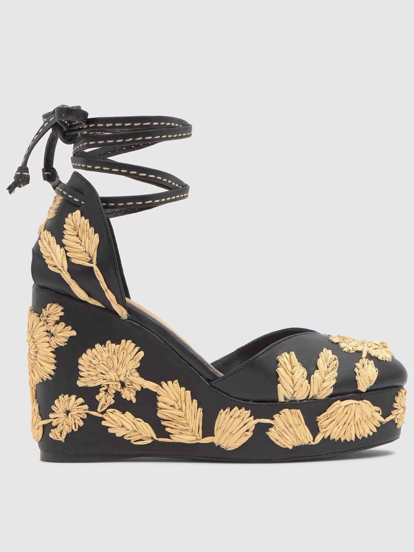 CASTANER Floral Embrodiery Wedge, Black, Size 38, Women
