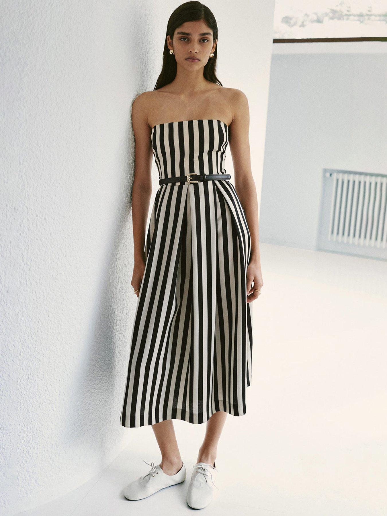 Mango Belt Striped Dress - Black