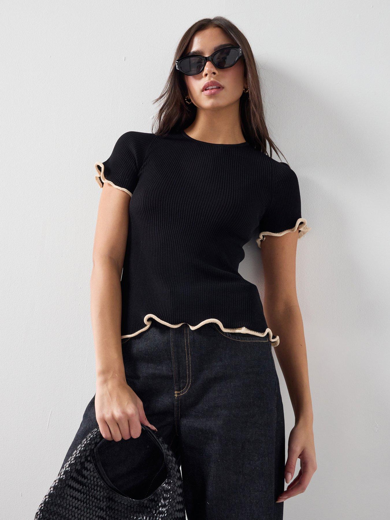Mango Peplum Sweater Contrasting Trim - Black