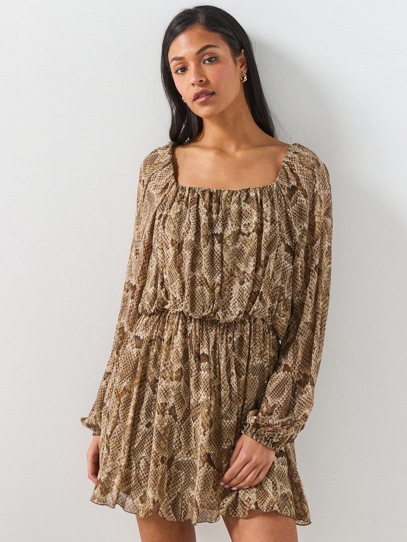 Image 1 of 6 of Mango Flowy Animal Print Dress - Khaki