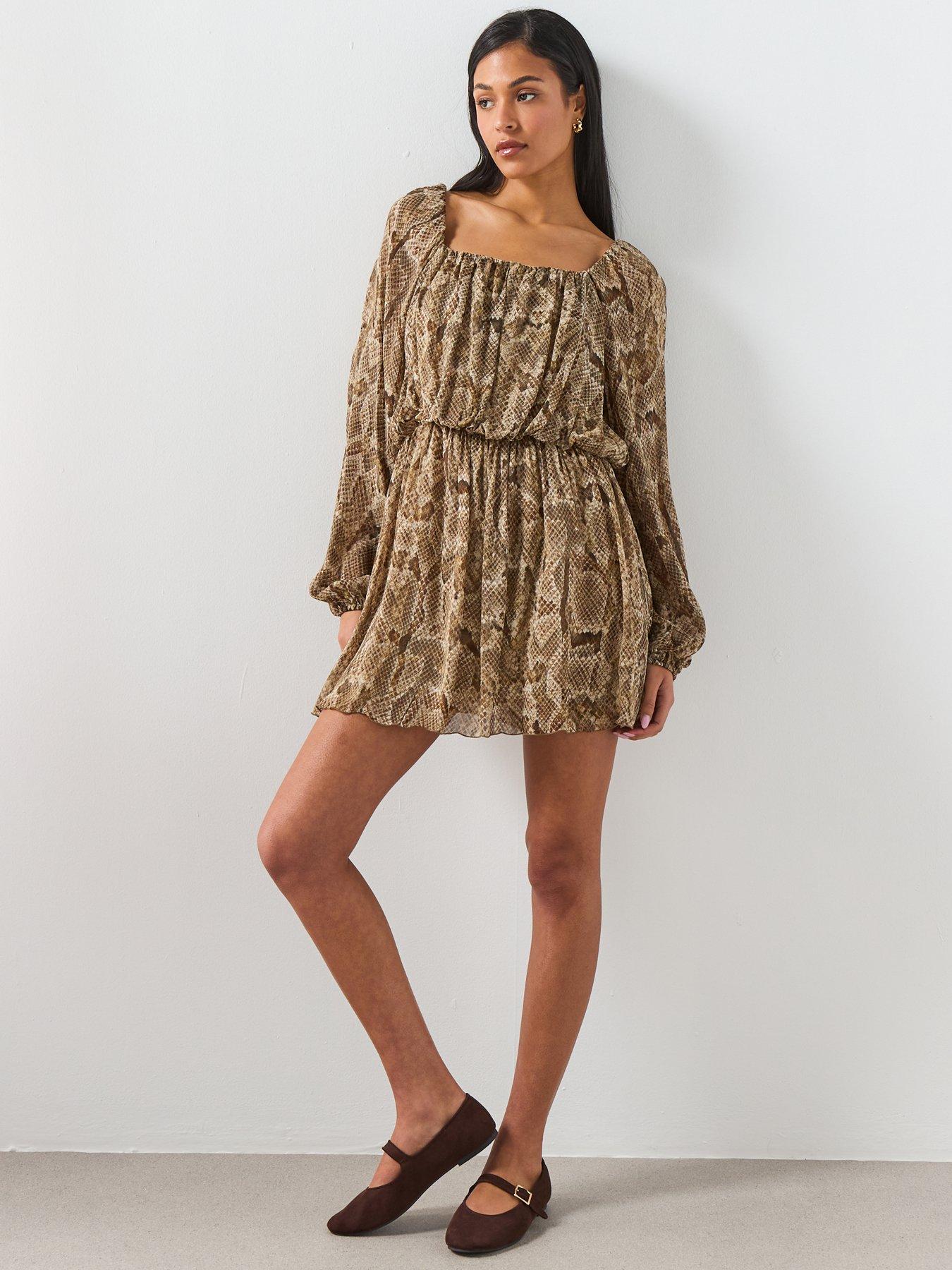 Image 3 of 6 of Mango Flowy Animal Print Dress - Khaki