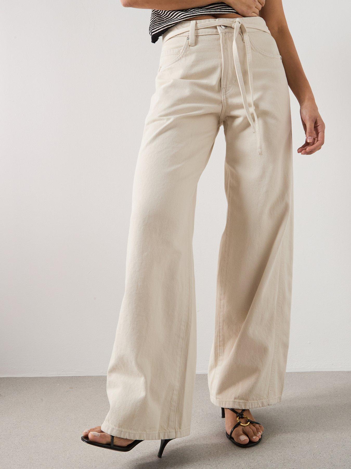 Image 1 of 5 of Mango Wide-Leg Jeans With Drawstring - Cream - Brown