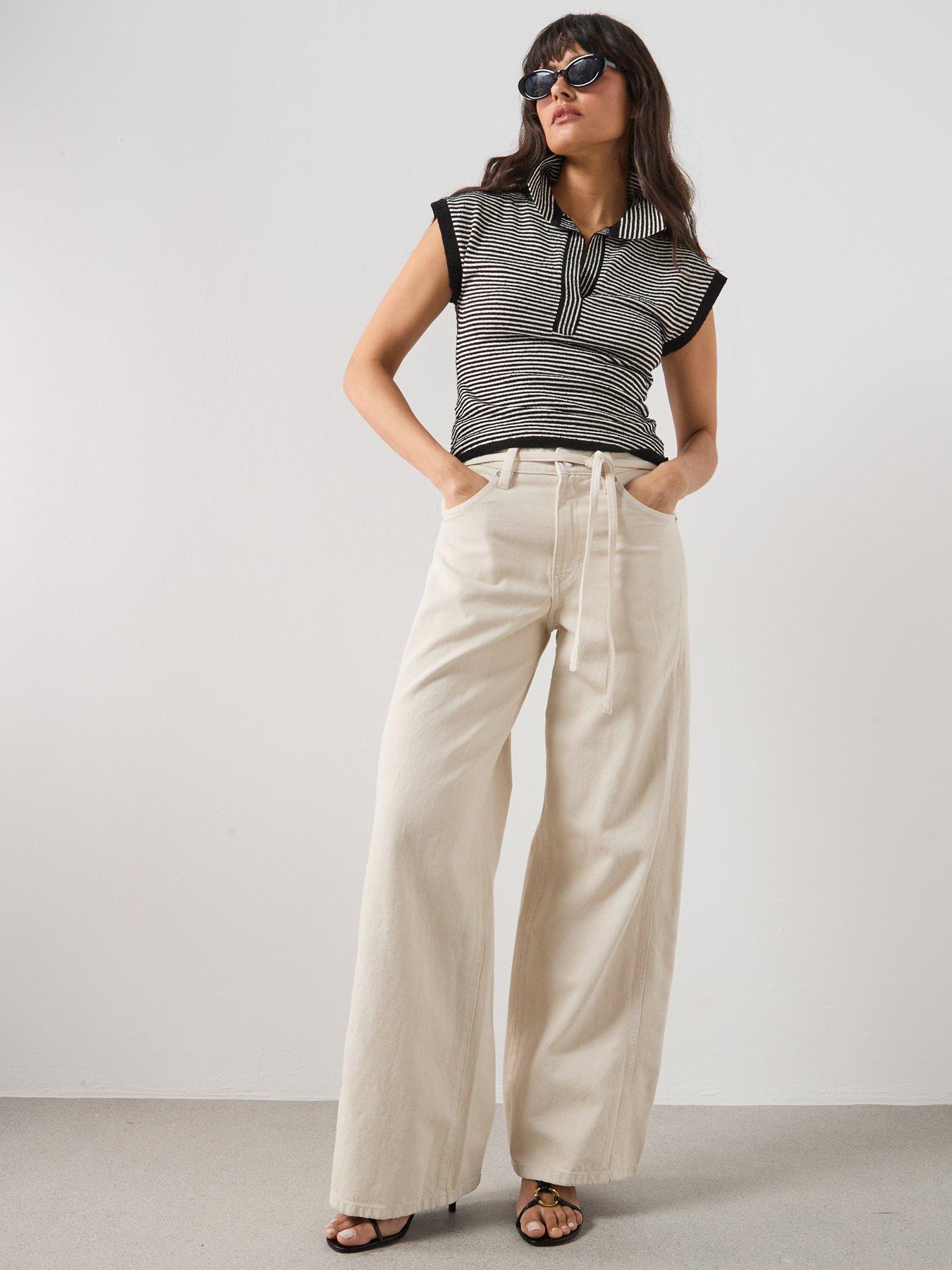 Image 3 of 5 of Mango Wide-Leg Jeans With Drawstring - Cream - Brown