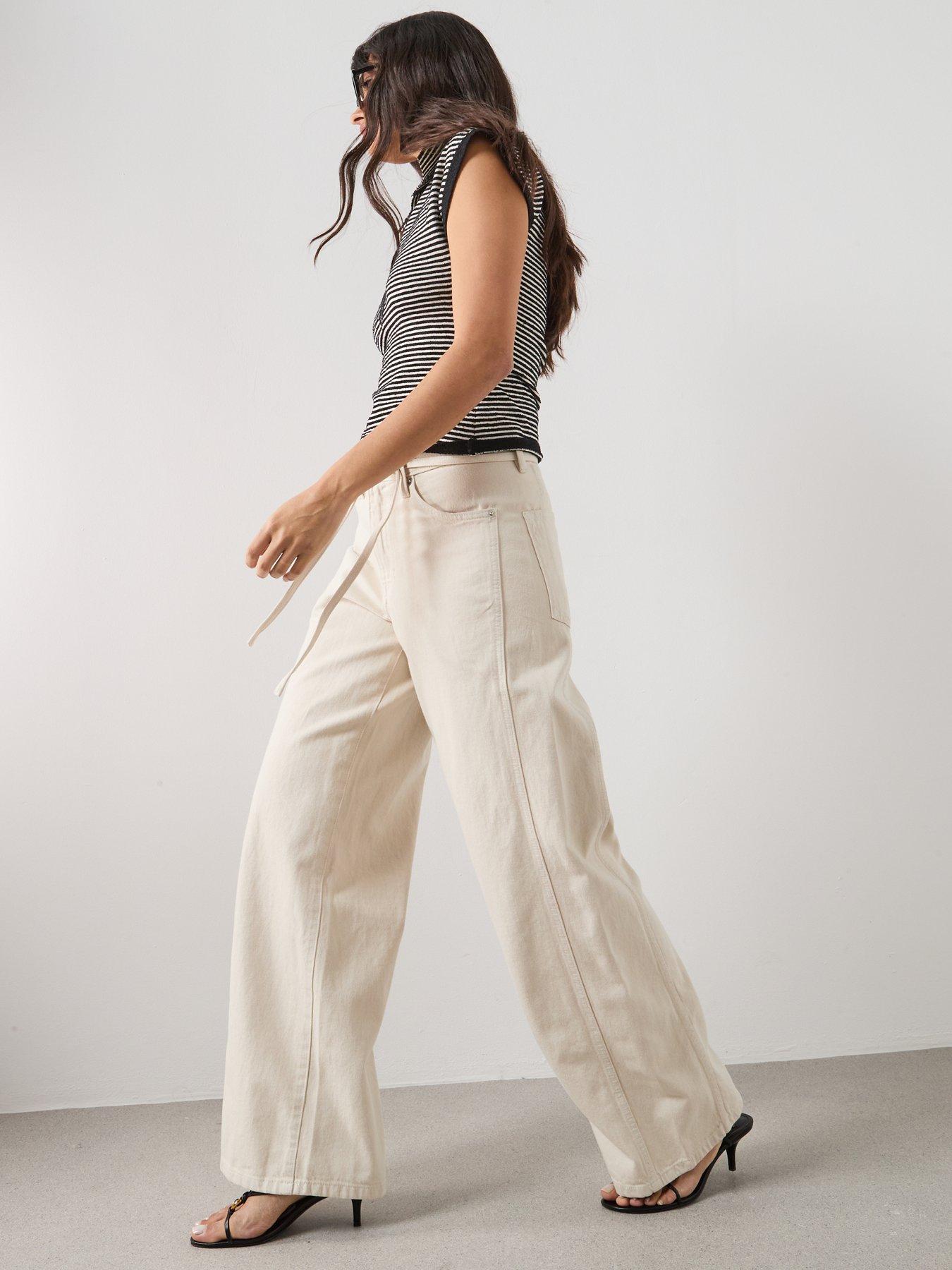 Image 5 of 5 of Mango Wide-Leg Jeans With Drawstring - Cream - Brown
