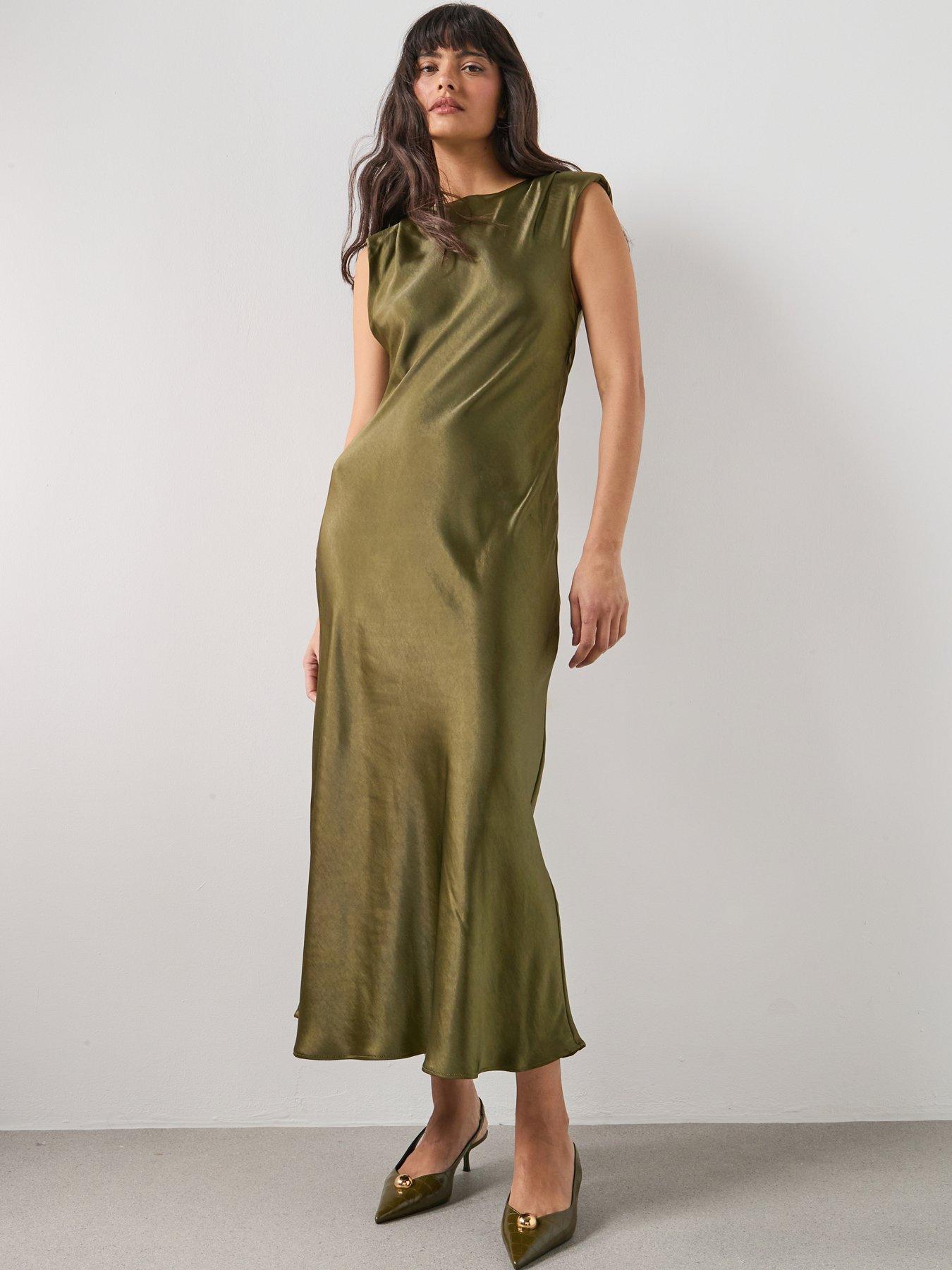 Mango Fitted Satin Midi Dress - Green