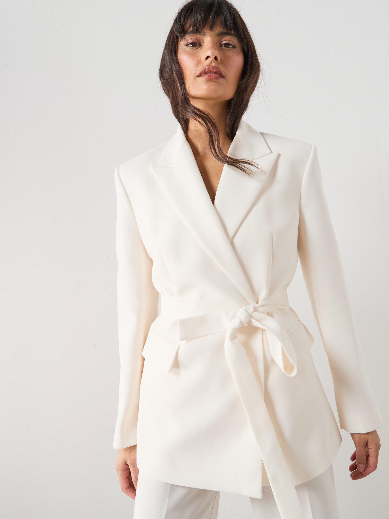 Image 1 of 6 of Mango Suit Jacket With Belt - Cream