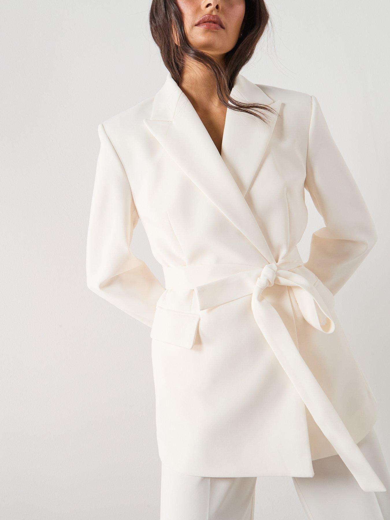Image 4 of 6 of Mango Suit Jacket With Belt - Cream