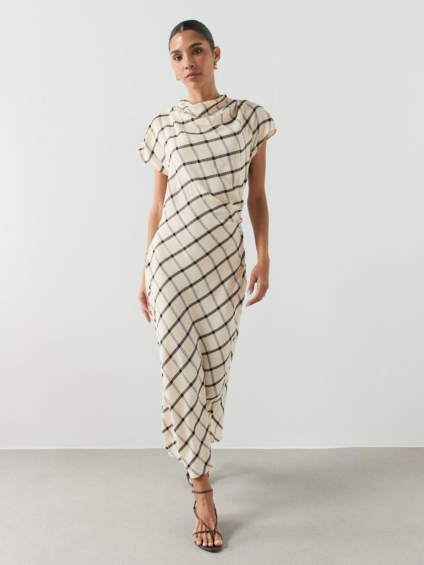 Mango Check Dress With Draped Collar, Beige, Size S, Women