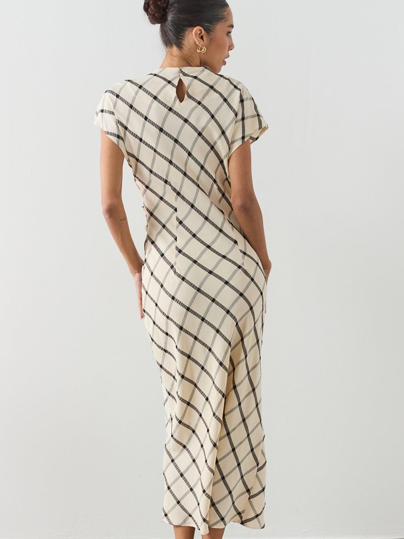 beige summer dress women Beige Check Fit and Flare Dress Sleeveless Tiered main image 0