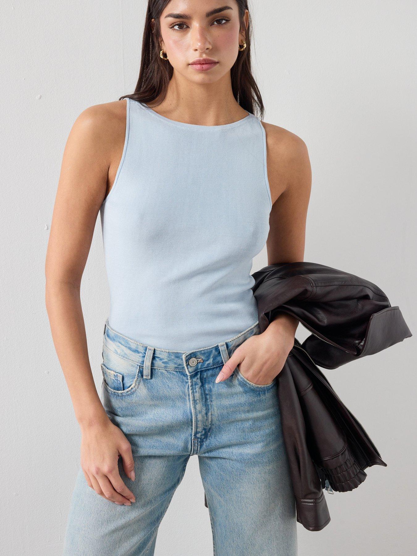 Mango Fine-Knit Sleeveless Top, Blue, Size M, Women