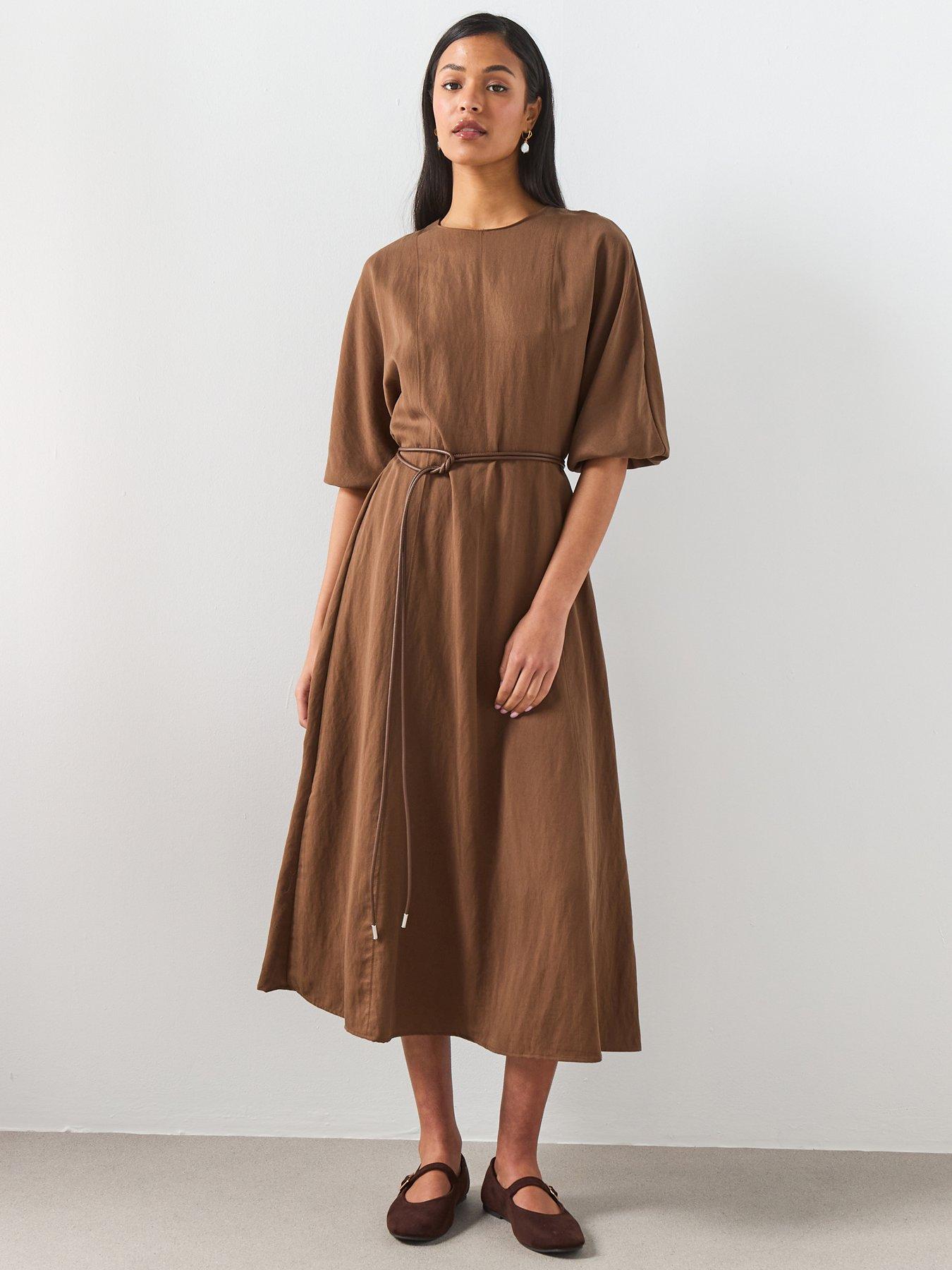 Image 1 of 6 of Mango Lyocell Dress With Belt - Brown