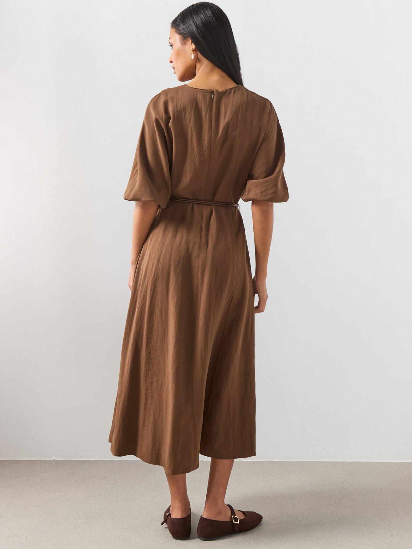 Image 2 of 6 of Mango Lyocell Dress With Belt - Brown
