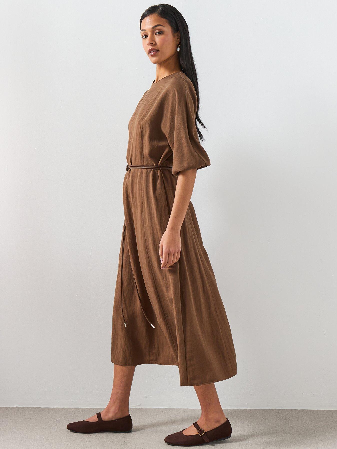 Image 3 of 6 of Mango Lyocell Dress With Belt - Brown