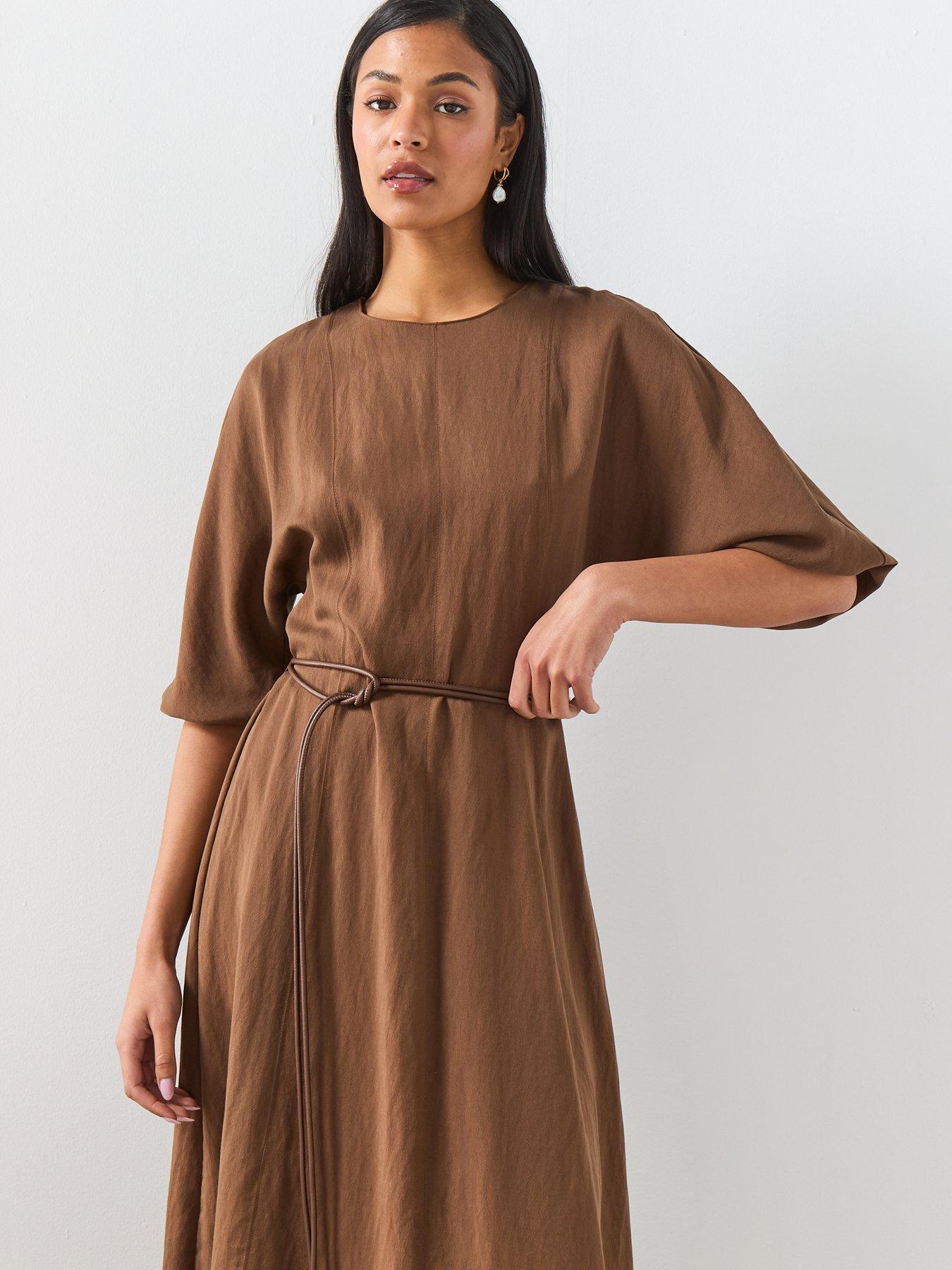 Image 6 of 6 of Mango Lyocell Dress With Belt - Brown