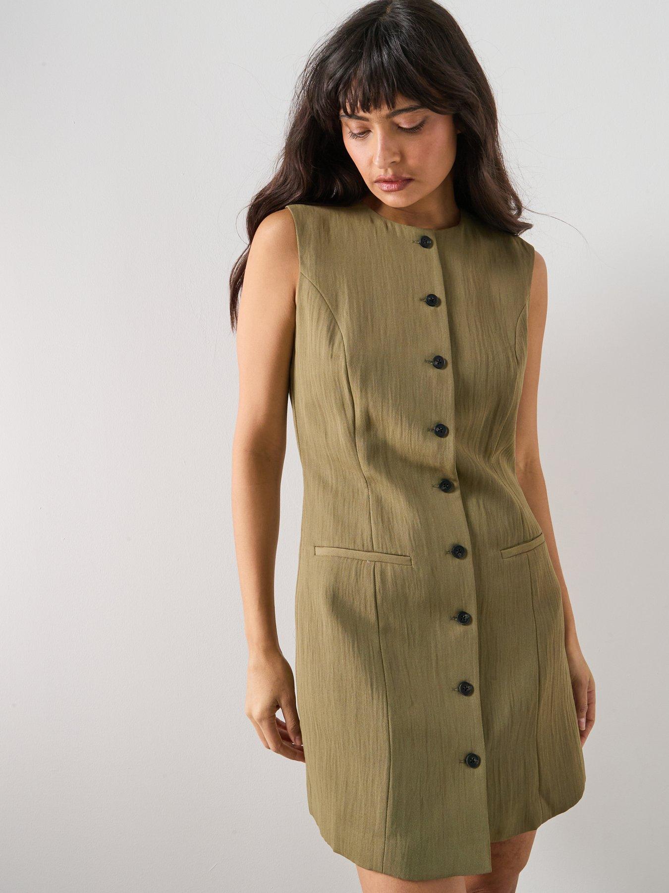 Image 1 of 5 of Mango Short Buttoned Dress - Green