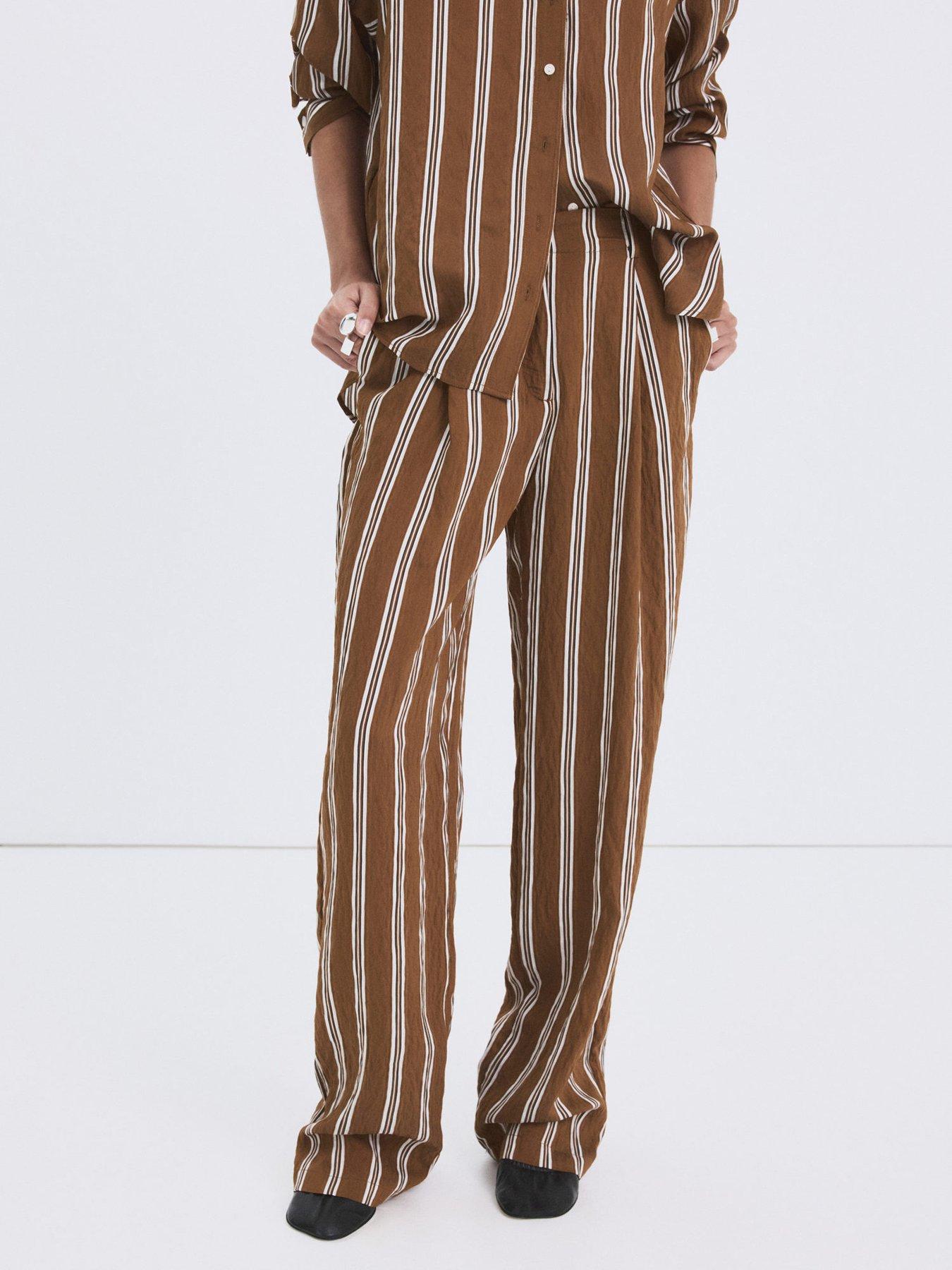 Mango Pleated Striped Co-Ord Trousers - Brown