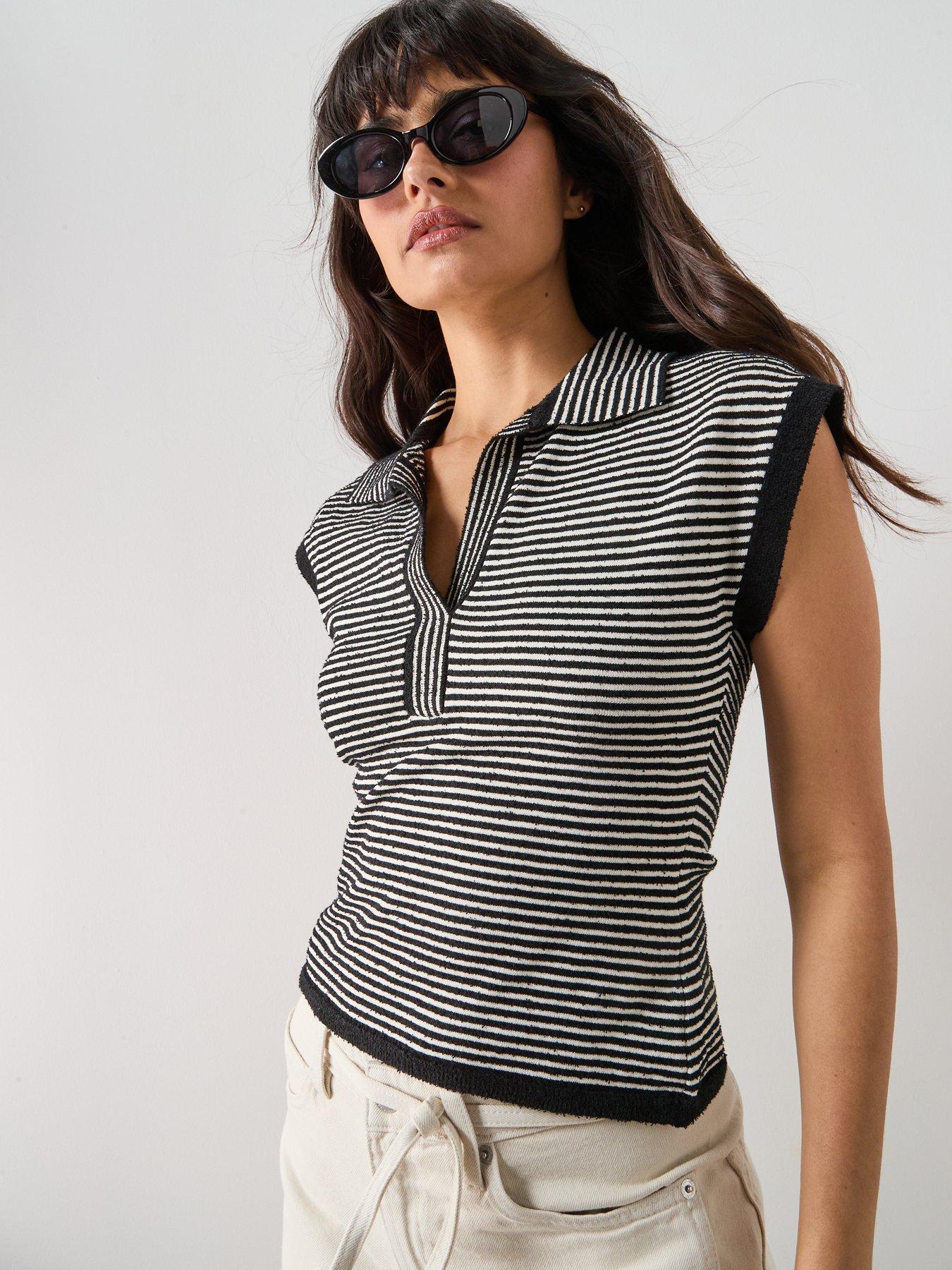 Mango Striped Polo-Neck Sweater, Black, Size M, Women