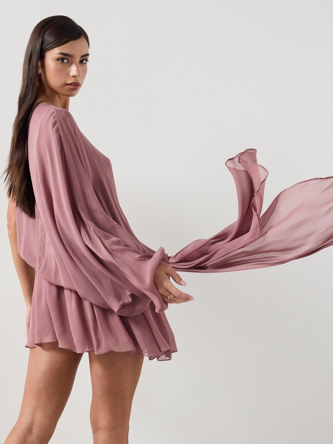 Image 6 of 6 of Mango Ruffle Dress With Asymmetrical Sleeve - Pink