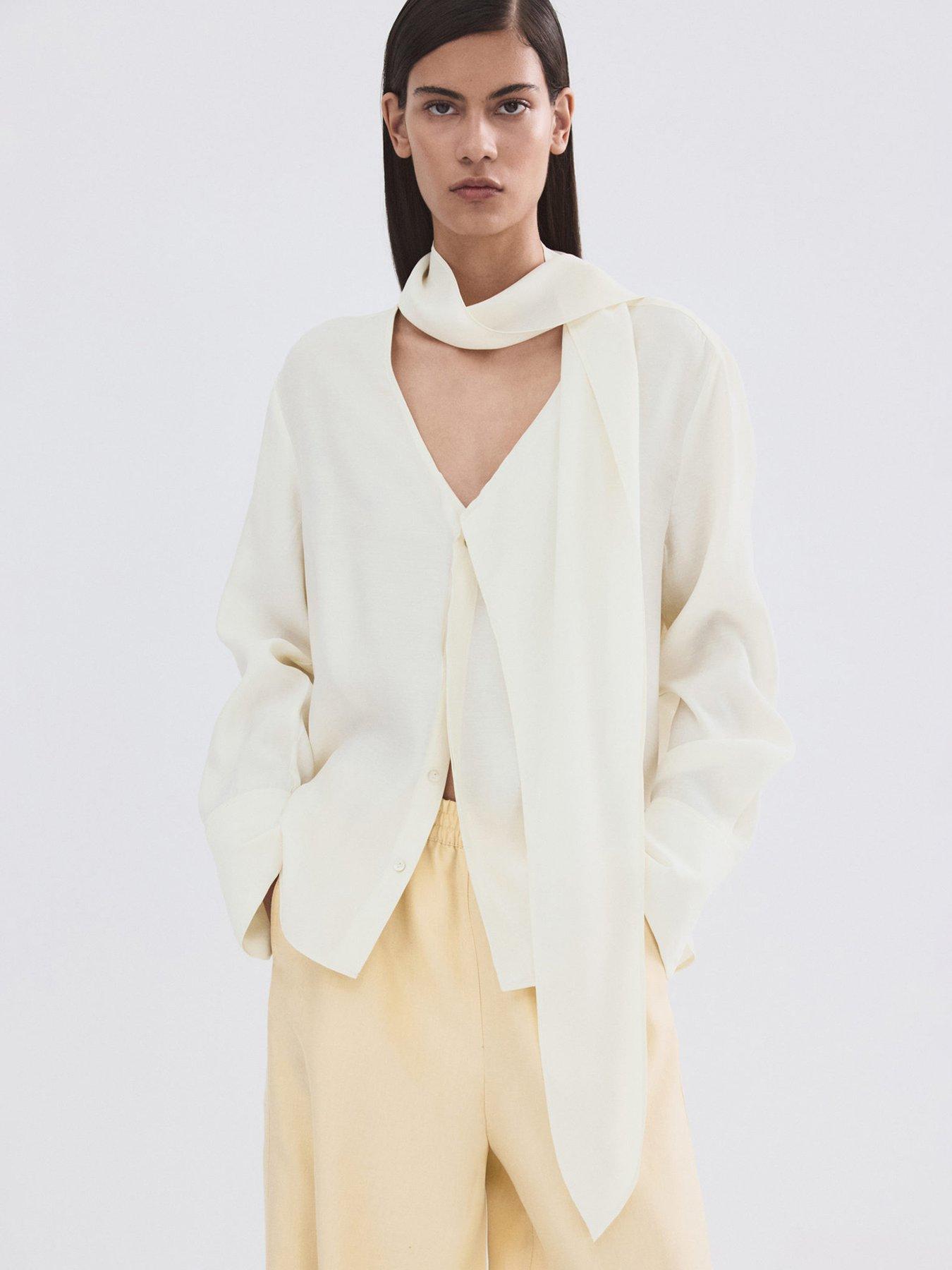 Image 1 of 7 of Mango Scarf Collar Blouse - Cream