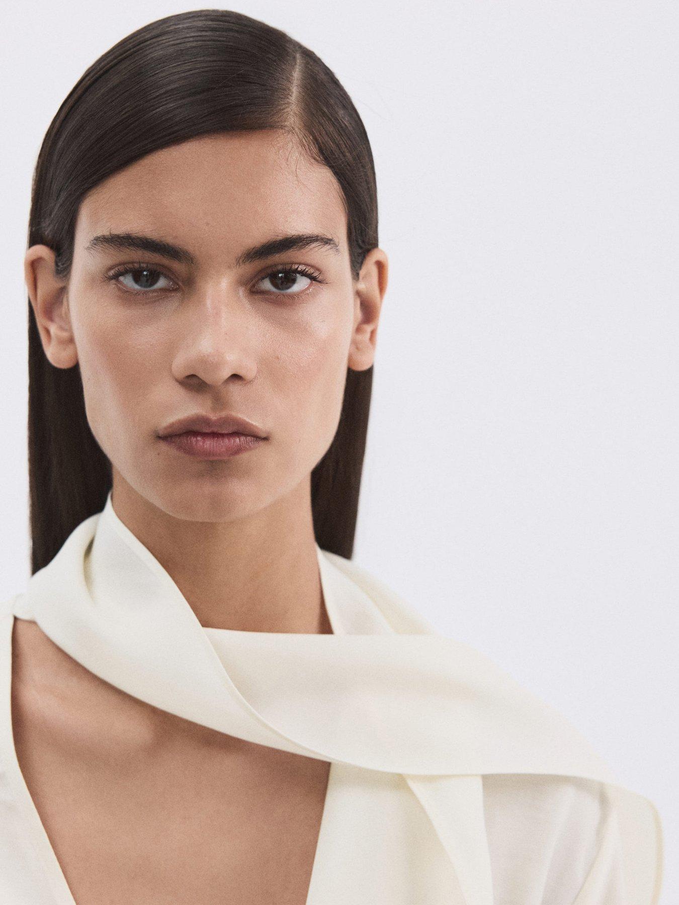 Image 3 of 7 of Mango Scarf Collar Blouse - Cream