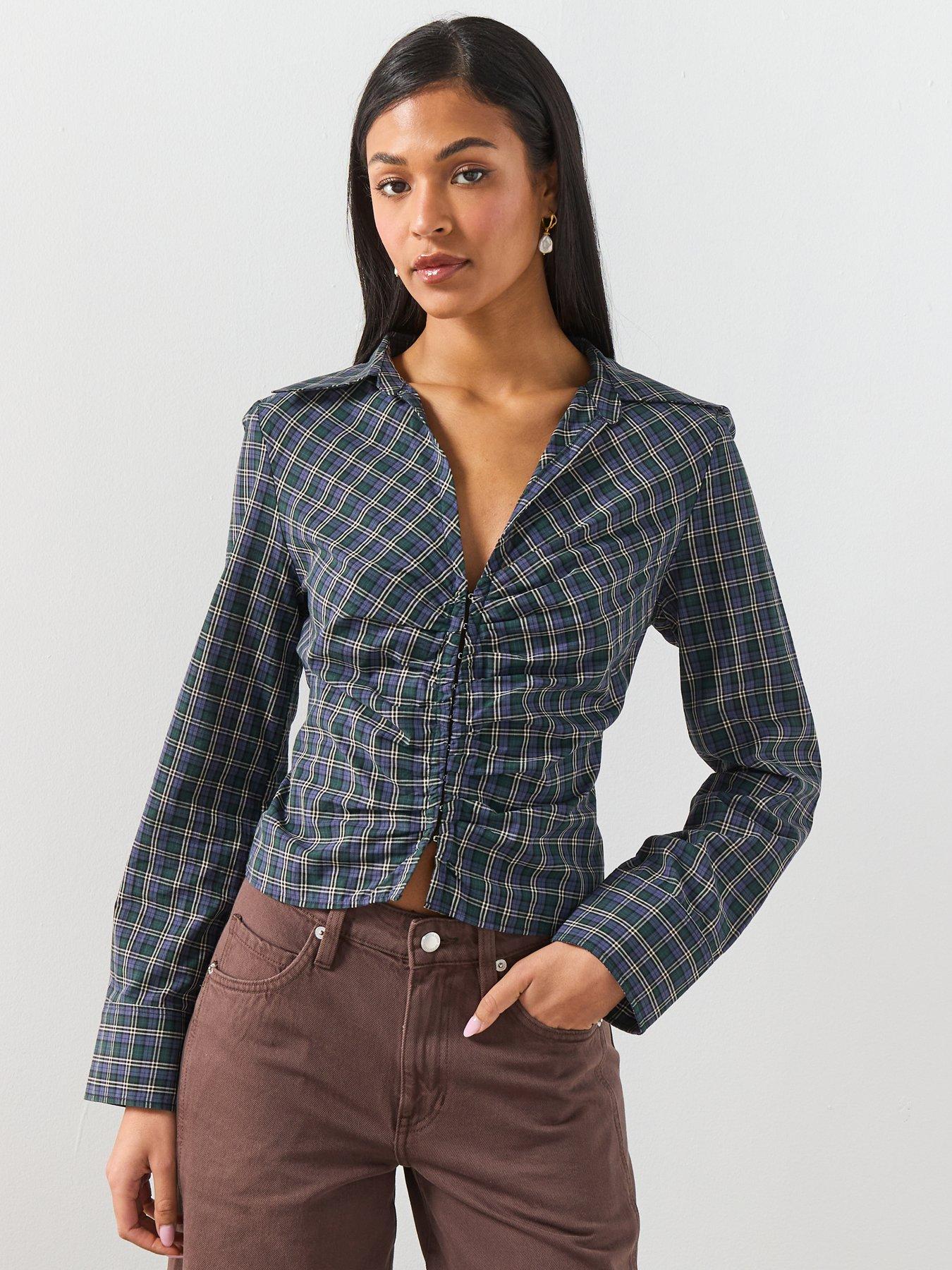 Mango Gathered Check Blouse - Blue