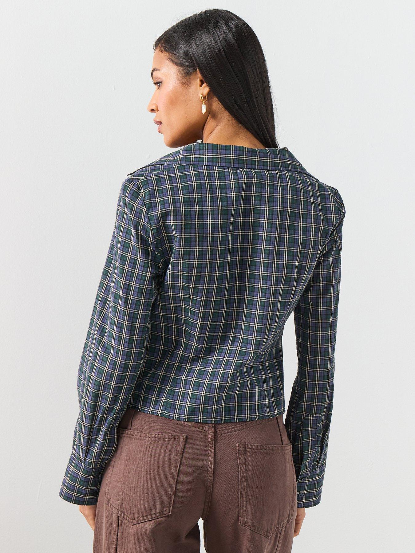 Image 2 of 6 of Mango Gathered Check Blouse - Blue