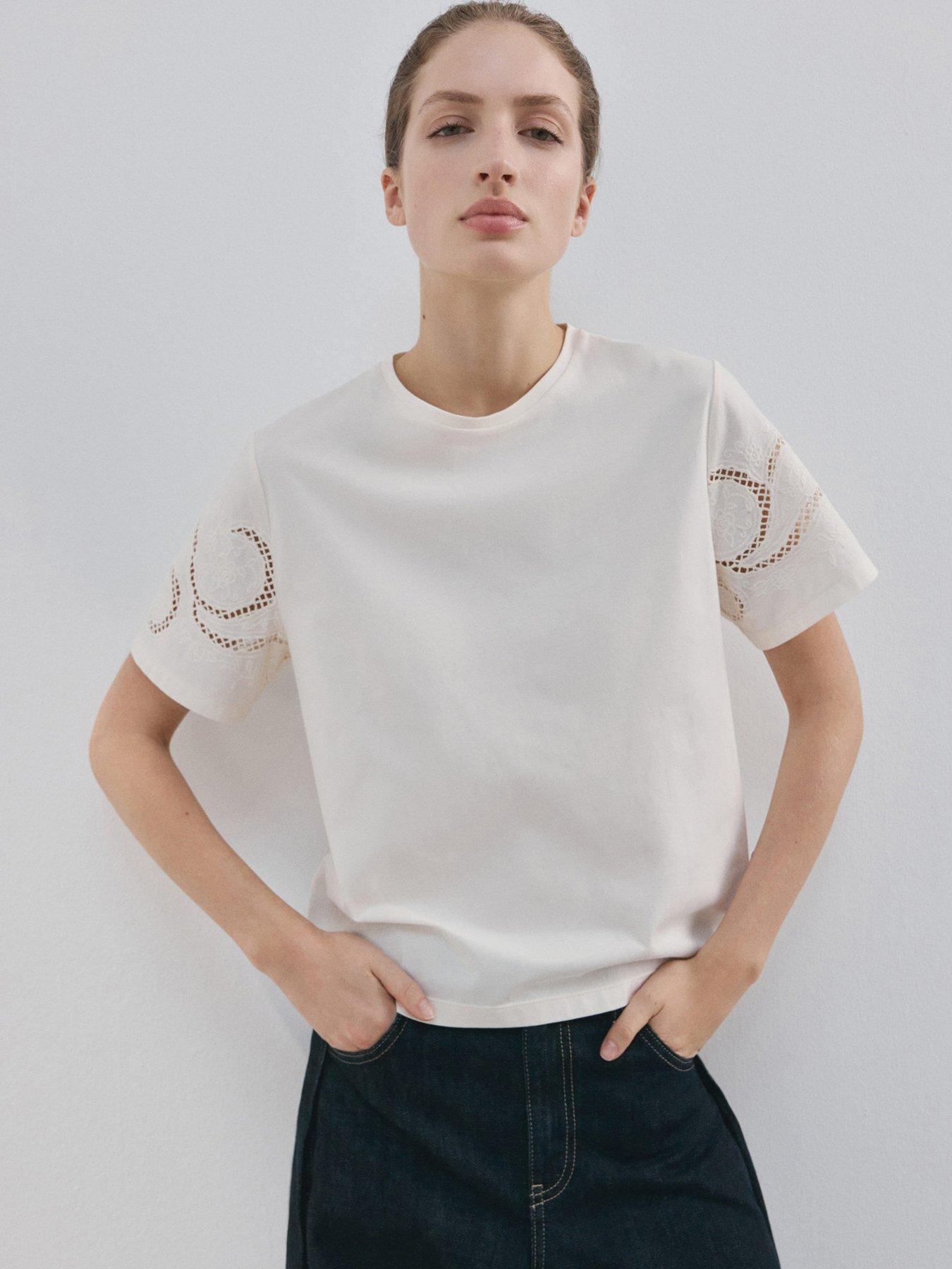 Image 1 of 6 of Mango Embroidered Cutwork Cotton T-shirt - Cream