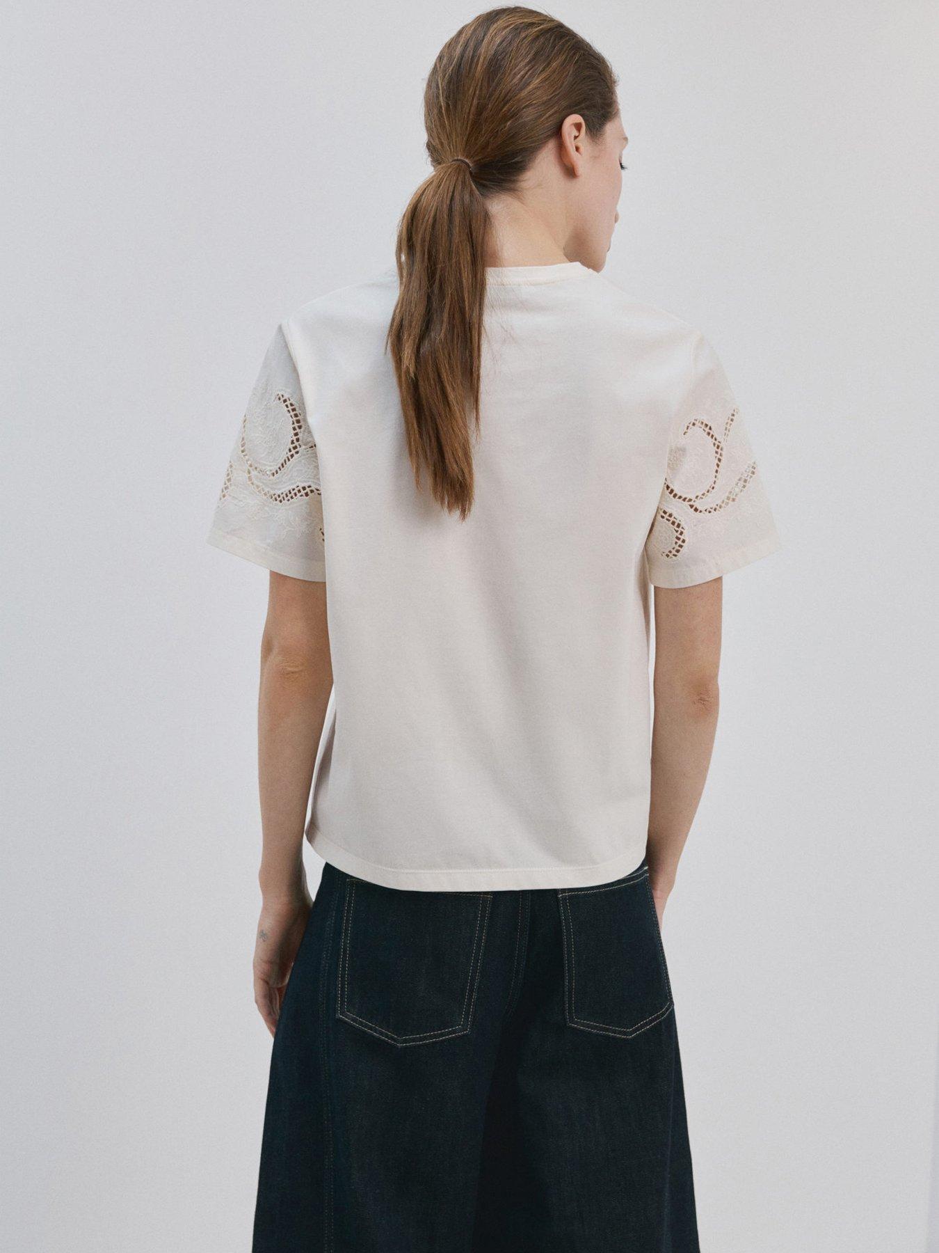 Image 2 of 6 of Mango Embroidered Cutwork Cotton T-shirt - Cream