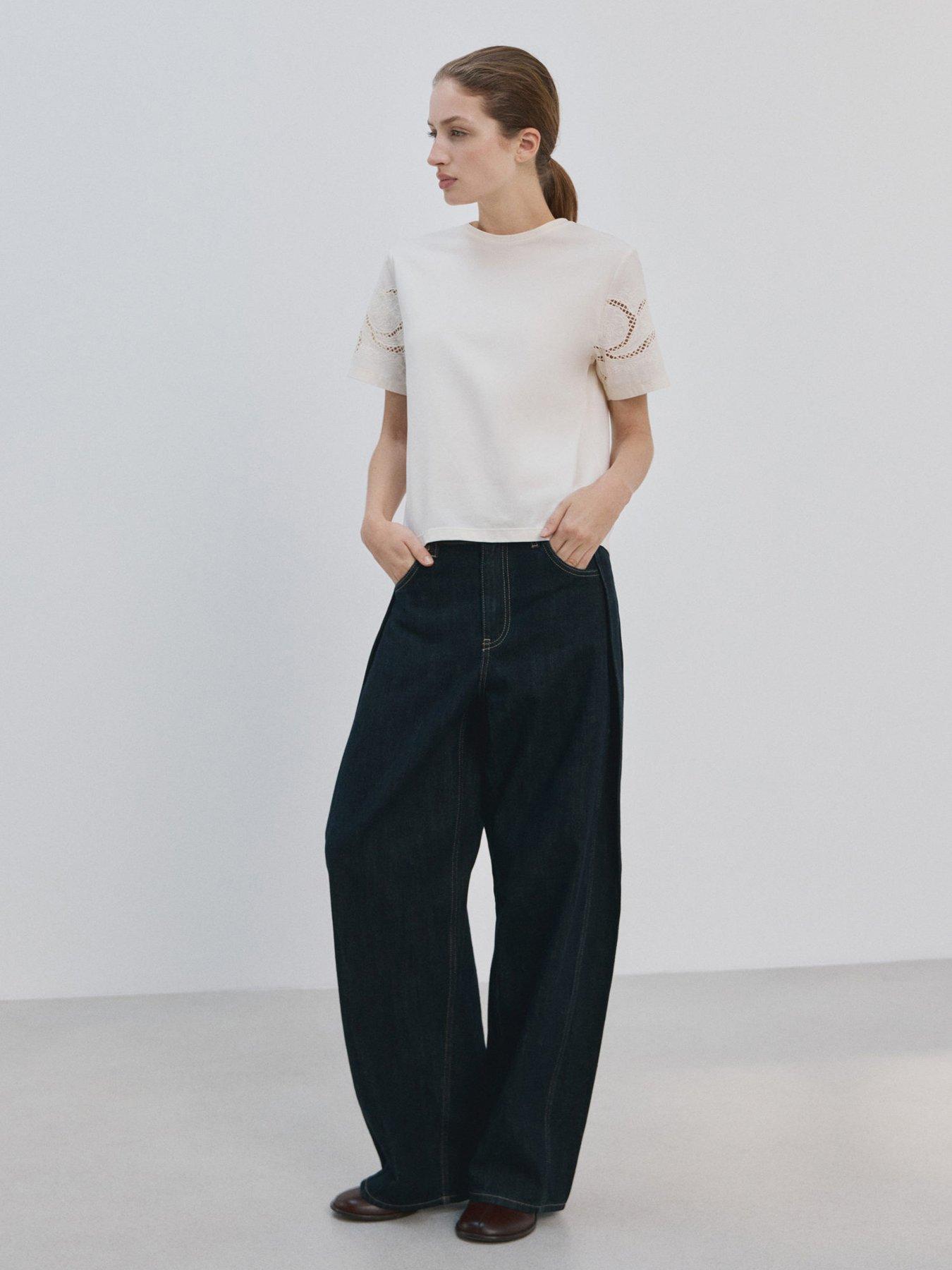 Image 3 of 6 of Mango Embroidered Cutwork Cotton T-shirt - Cream