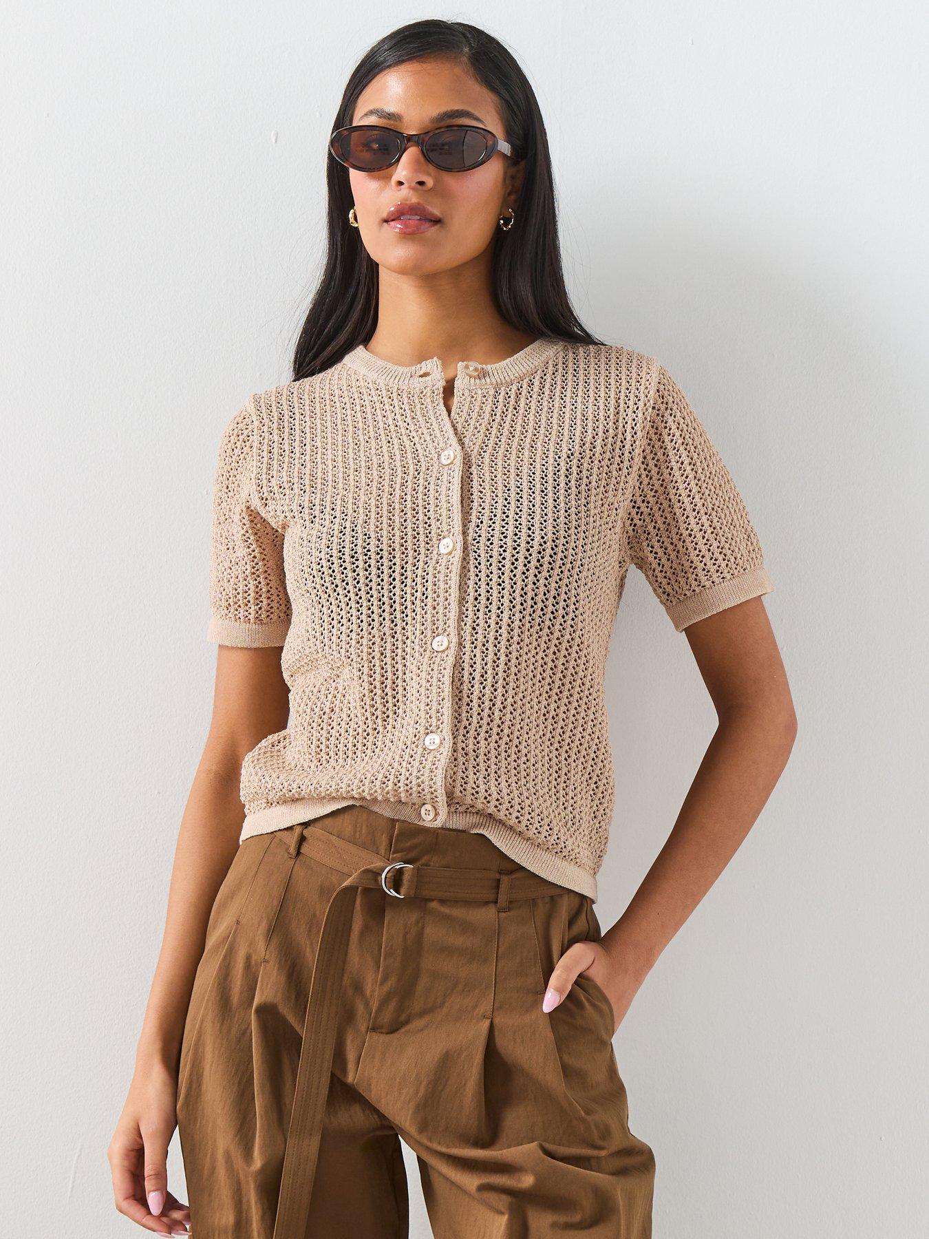 Image 1 of 6 of Mango Short-sleeved Openwork Knitted Cardigan - Brown