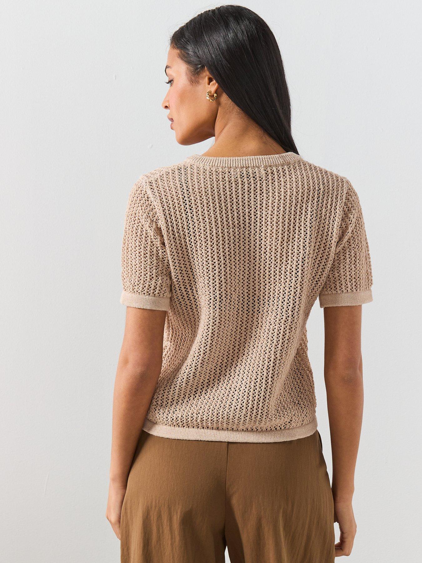 Image 2 of 6 of Mango Short-sleeved Openwork Knitted Cardigan - Brown