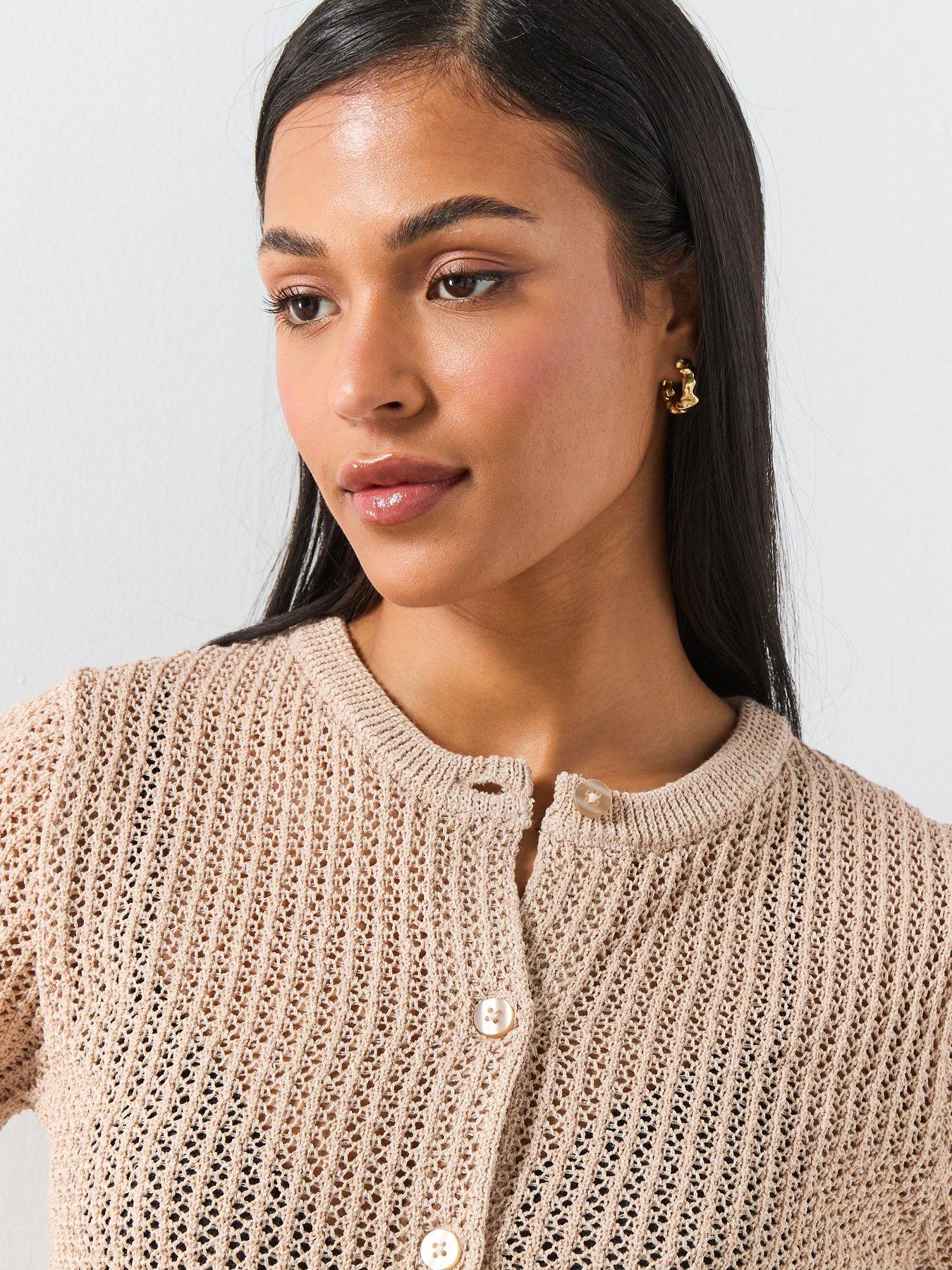 Image 4 of 6 of Mango Short-sleeved Openwork Knitted Cardigan - Brown