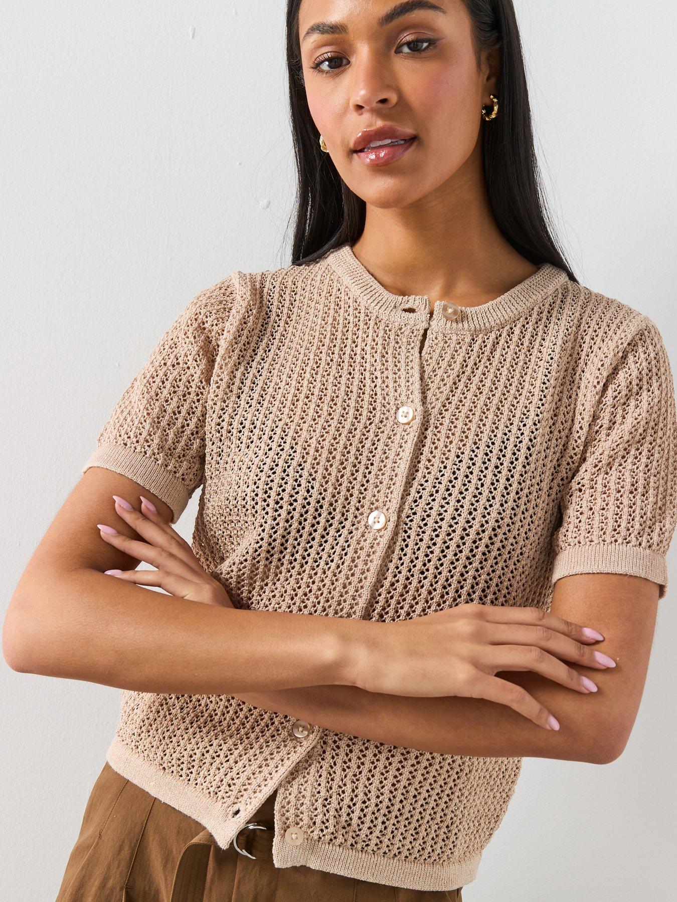 Image 5 of 6 of Mango Short-sleeved Openwork Knitted Cardigan - Brown