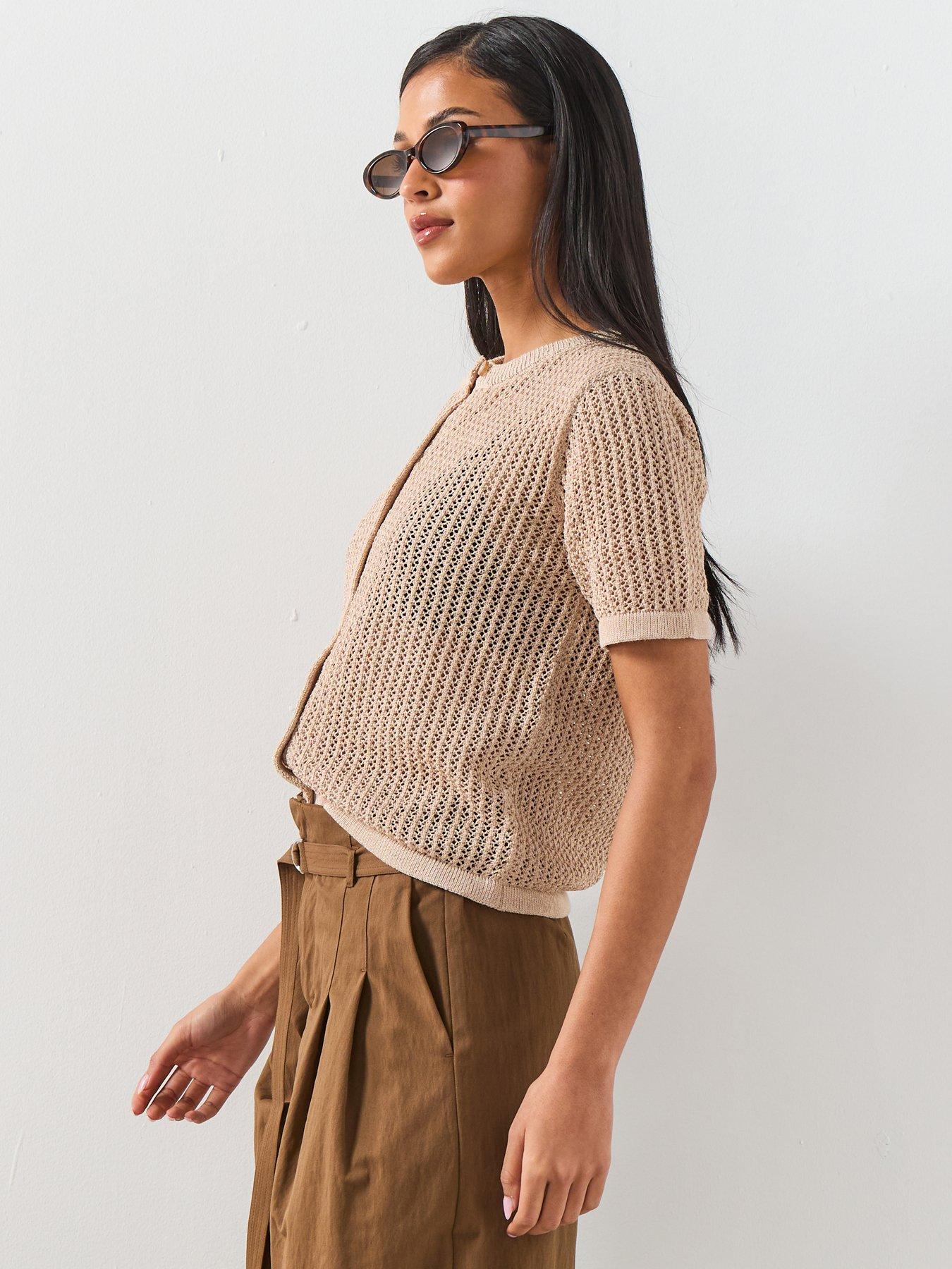 Image 6 of 6 of Mango Short-sleeved Openwork Knitted Cardigan - Brown
